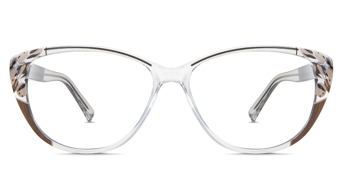 Serena eyeglasses in the cliffbush variant - it's a transparent frame with a brown flower pattern on the rim.