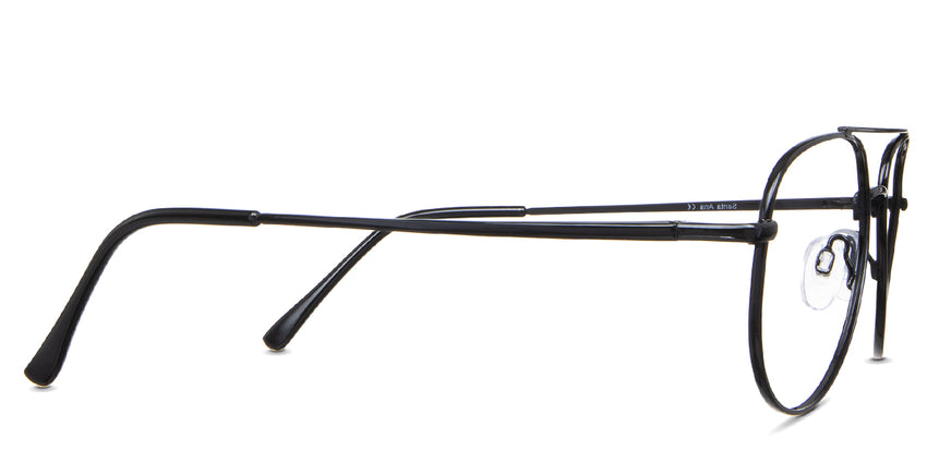 Shiloh eyeglasses in the sumi variant - have size information imprinted white inside the arm.