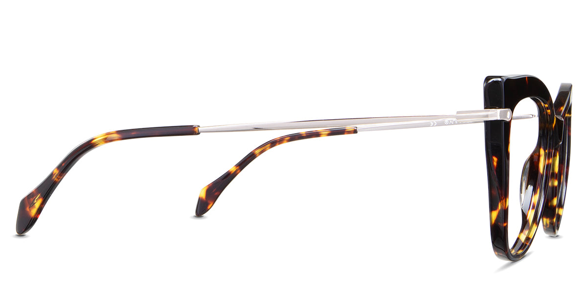 Susan eyeglasses in the tortoise variant - have a gold arm and tortoise tips.