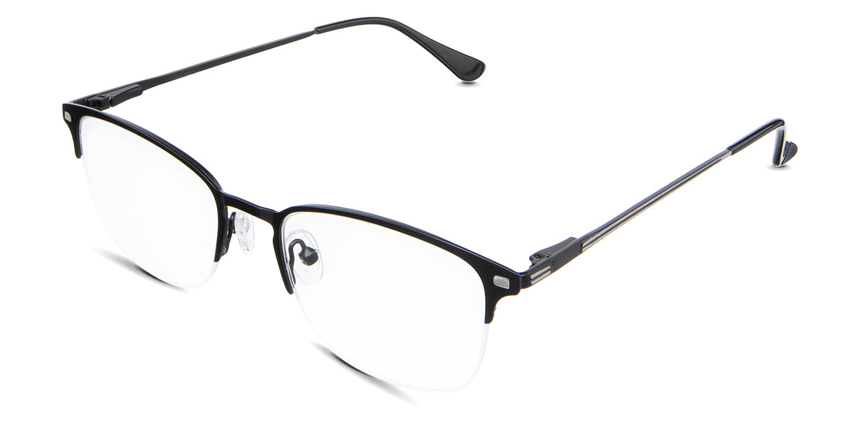 Tane eyeglasses in the rooks variant - it has an extended end piece with rectangle metal embossing.