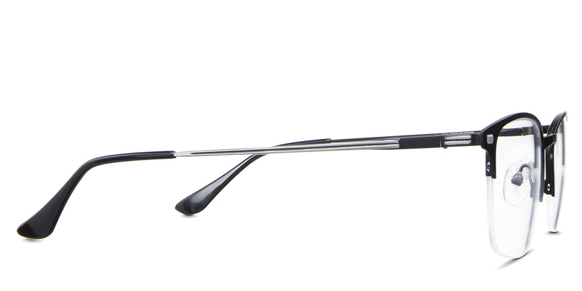 Tane Eyeglasses in the rooks variant - it has a silver metal arm and black acetate tips.