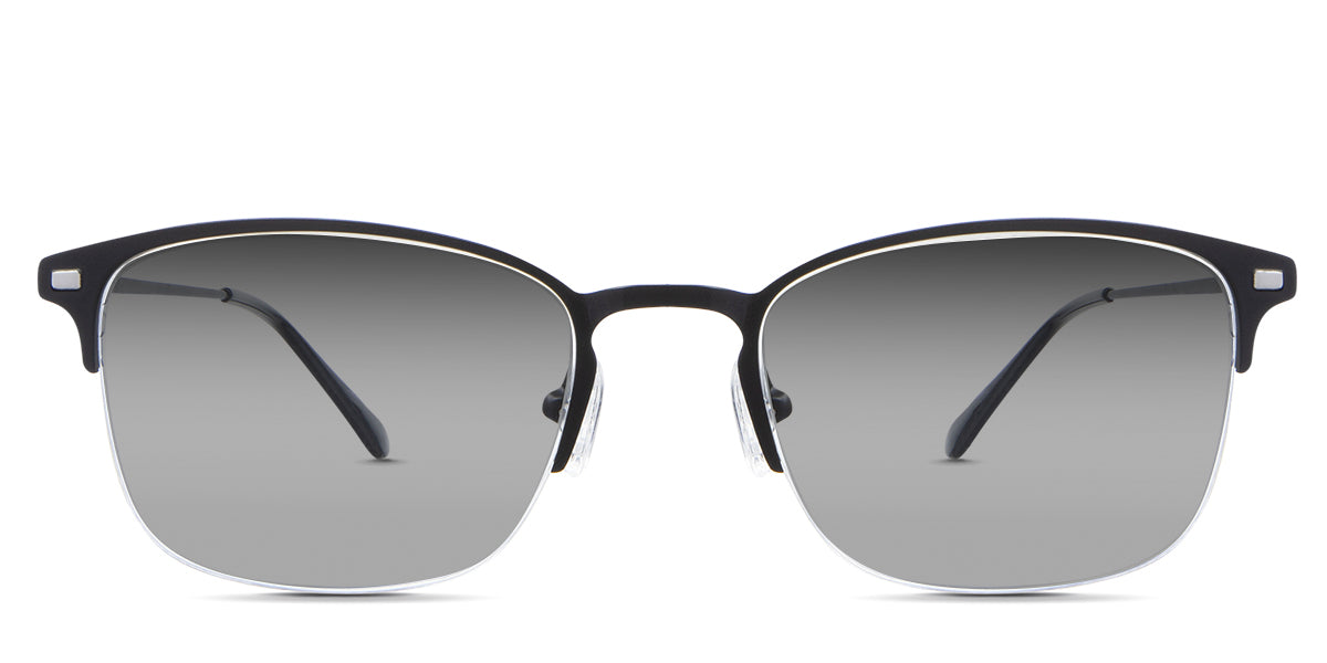 Tane black tinted Gradient sunglasses in the rooks variant - it's a half-rimmed metal frame with a keyhole-shaped nose bridge.