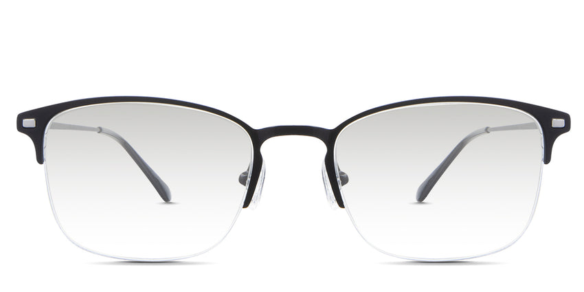 Tane black tinted Gradient glasses in the rooks variant - it's a half-rimmed metal frame with a keyhole-shaped nose bridge.