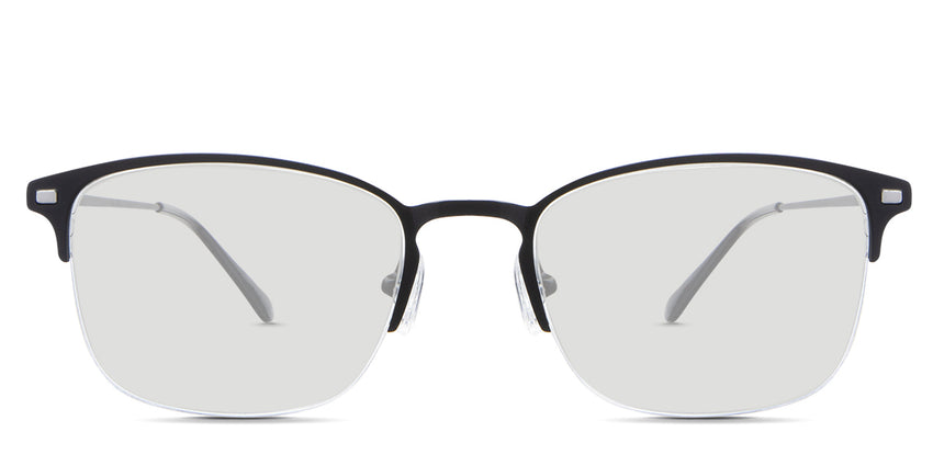 Tane black tinted Standard Solid glasses in the rooks variant - it's a rectangular frame with an extended end piece with rectangle metal embossing.