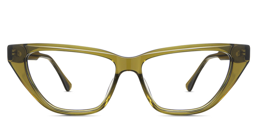 Tavi eyeglasses in the pine variant - it's a cat-eye shape frame in color greenish brown.