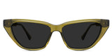 Tavi Gray Polarized in the pine variant - it's a cat-eye shape frame with a narrow nose bridge and a broad end piece.