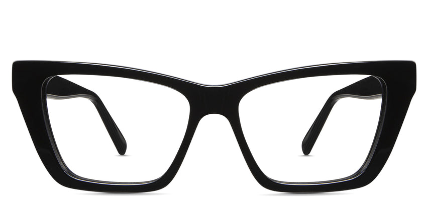 Tribo glasses in midnight variant - it's a cat eye style shape on the top of the frame and rectangular on the bottom
