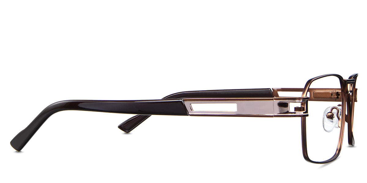 Twan Eyeglasses in the munia variant - have a cutting stripe on the metal arm and brown acetate tips.