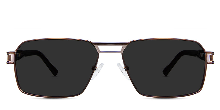 Twan black tinted Standard Solid sunglasses in the munia variant - it's a full-rimmed aviator metal frame with a narrow nose bridge with two bars and a cutting stripe on the metal arm and acetate tips.