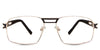 Twan Eyeglasses in varanus variant - it's a rectangular geometric frame in gold and black color. 