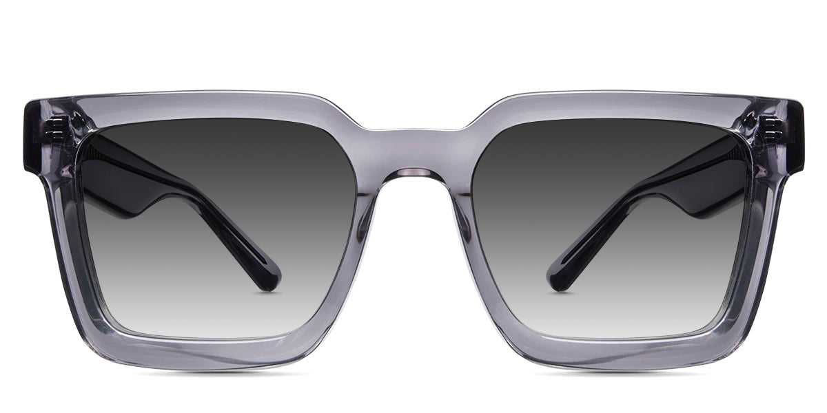 Umer black tinted Gradient sunglasses in silver cloud variant - it's a transparent frame with broad temple arms, high nose bridge and a straight bar at the top