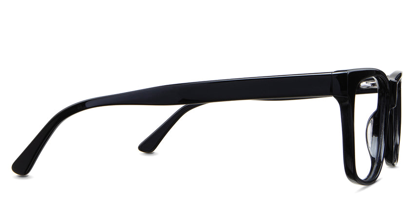Wallis Eyeglasses in the midnight variant - it's a medium to wide frame with a broad temple arm.