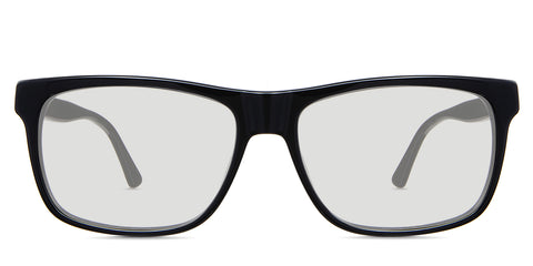 Wallis black tinted Standard Solid glasses in the midnight variant - it's medium to wide rectangular frame with a wide viewing area and a broad temple arm.