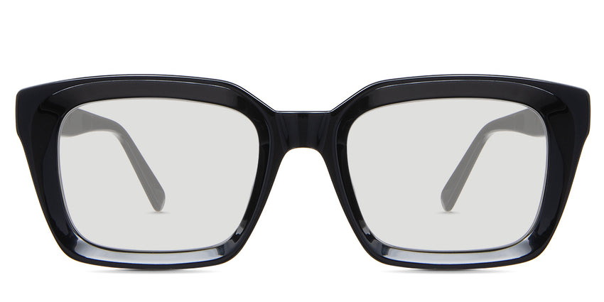 Willa black tinted Standard Solid glasses in the midnight variant is a square frame with an acetate built-in nose pad, and three-round metal embosses at the temple arm close to the hinge.