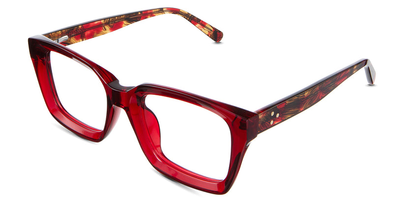 Willa Eyeglasses in the poinsettia variant - have a high nose bridge of 20mm.