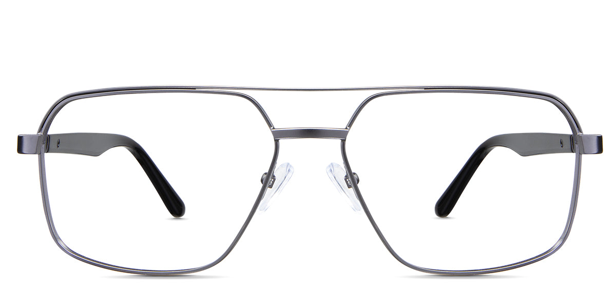 Xavier eyeglasses in the gun variant - it's an aviator-shaped frame in gunmetal color.
