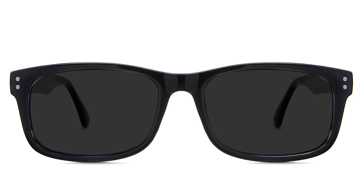 Yael black tinted Standard Solid in the Midnight variant - is a full-rimmed acetate frame with a high nose bridge and flat, rounded broad temple tips.