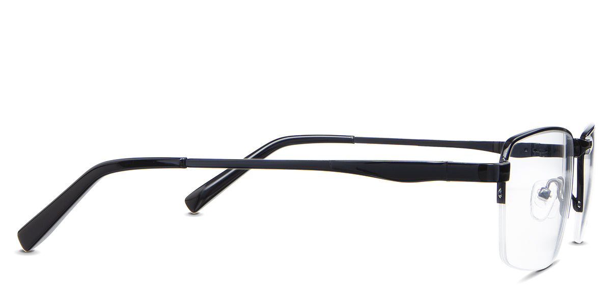 Zai Eyeglasses in the cemani variant - it has a black metal temple arm and black acetate temple tips.