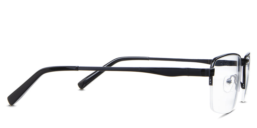 Zai Eyeglasses in the cemani variant - it has a black metal temple arm and black acetate temple tips.