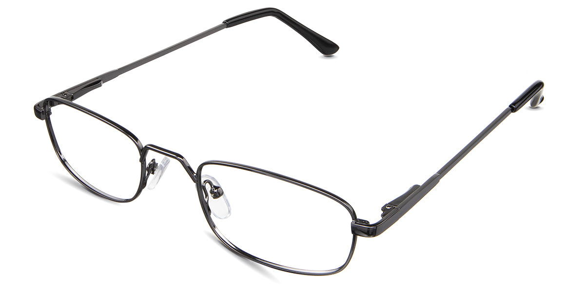 Zoey eyeglasses in the gunmetal variant - have a high hat-shaped nose bridge.