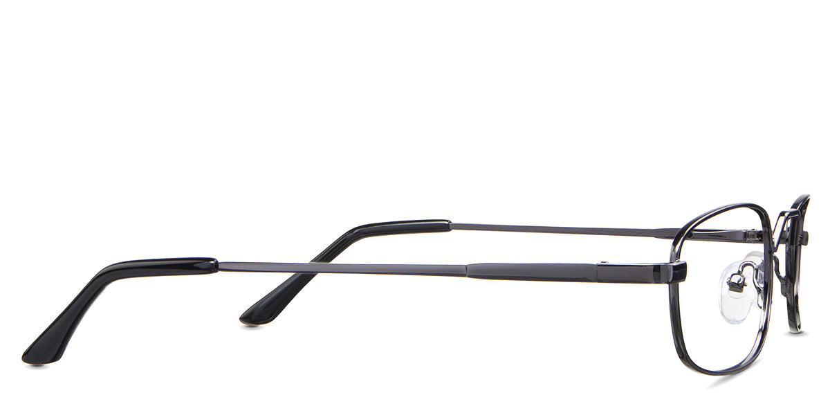 Zoey eyeglasses in the gunmetal variant - have black acetate temple tips.