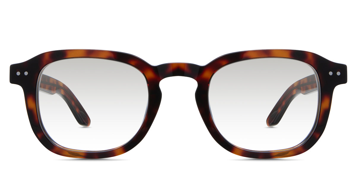 Zuri black tinted Gradient glasses in caretta variant - is a full rimmed frame with keyhole shaped nose bridge and acetate temple arms.