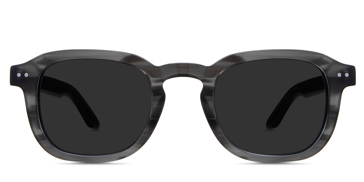 Zuri black tinted Standard Solid sunglasses in melanite variant - is a full rimmed frame with keyhole shaped nose bridge and acetate temple arms.