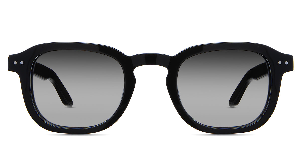 Zuri black tinted Gradient sunglasses in midnight variant - is a full rimmed frame with keyhole shaped nose bridge and acetate temple arms. 