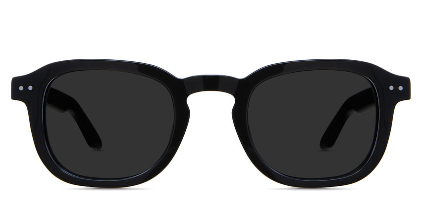 Zuri black tinted Standard Solid sunglasses in midnight variant - is a full rimmed frame with keyhole shaped nose bridge and acetate temple arms. 