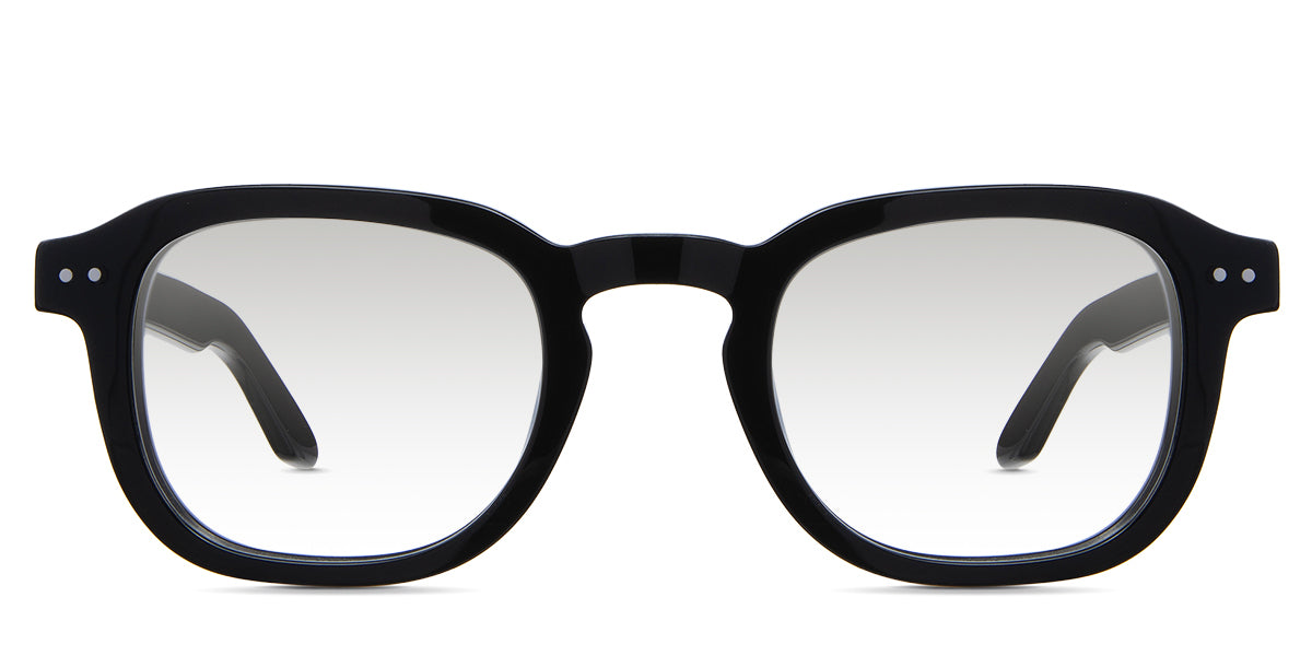 Zuri black tinted Gradient glasses in midnight variant - is a full rimmed frame with keyhole shaped nose bridge and acetate temple arms.