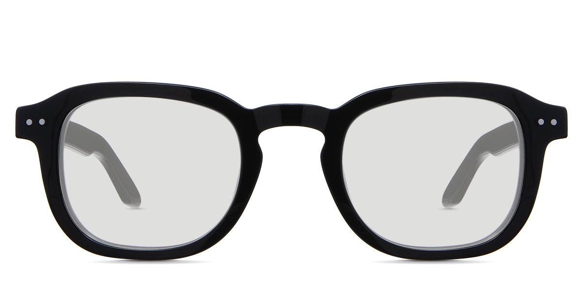Zuri black tinted Standard Solid glasses in midnight variant - is a full rimmed frame with keyhole shaped nose bridge and acetate temple arms.