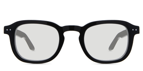 Zuri black tinted Standard Solid glasses in midnight variant - is a full rimmed frame with keyhole shaped nose bridge and acetate temple arms.