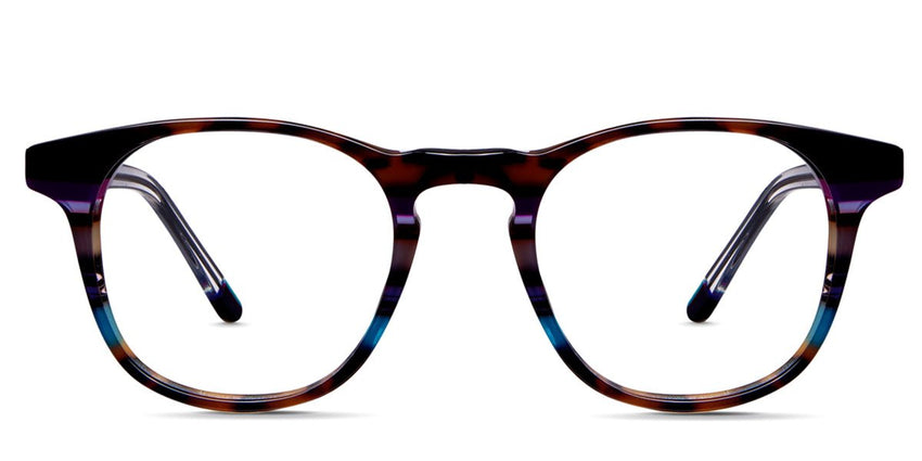 Powell eyeglasses in alfresco variant - it's oval shape eyeglasses made with acetate material - it has multiple colours blue, brown, purple