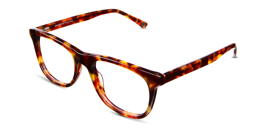 Shimer glasses in avant garde variant - rectangular viewing area with brown and orange shades of colours - written Hip Optical on arms