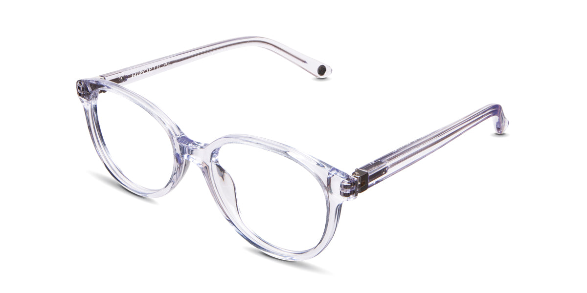 Ludolph Jr acetate frame in the icey variant has a company name in the right temple arm.