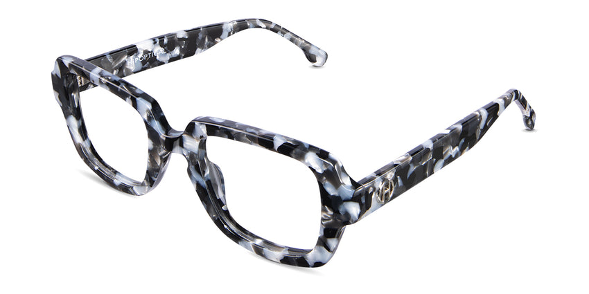 Baco glasses frame in charcoal variant in tortoiseshell pattern - it has wide viewing area with black, gray and pearl colour