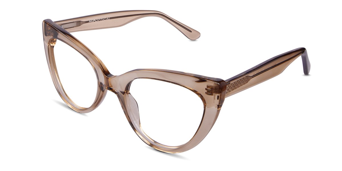 Centy cat eye frame in sorrel variant which has with inbuilt nose pads, it has medium broad arms written hip optical on right arm