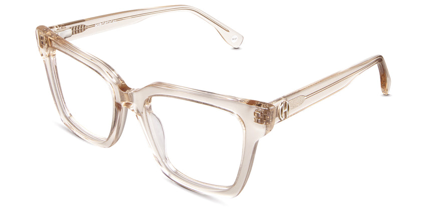 Edna eyeglasses in tortilla variant - it's a medium thick frame with visible wire core in the arm
