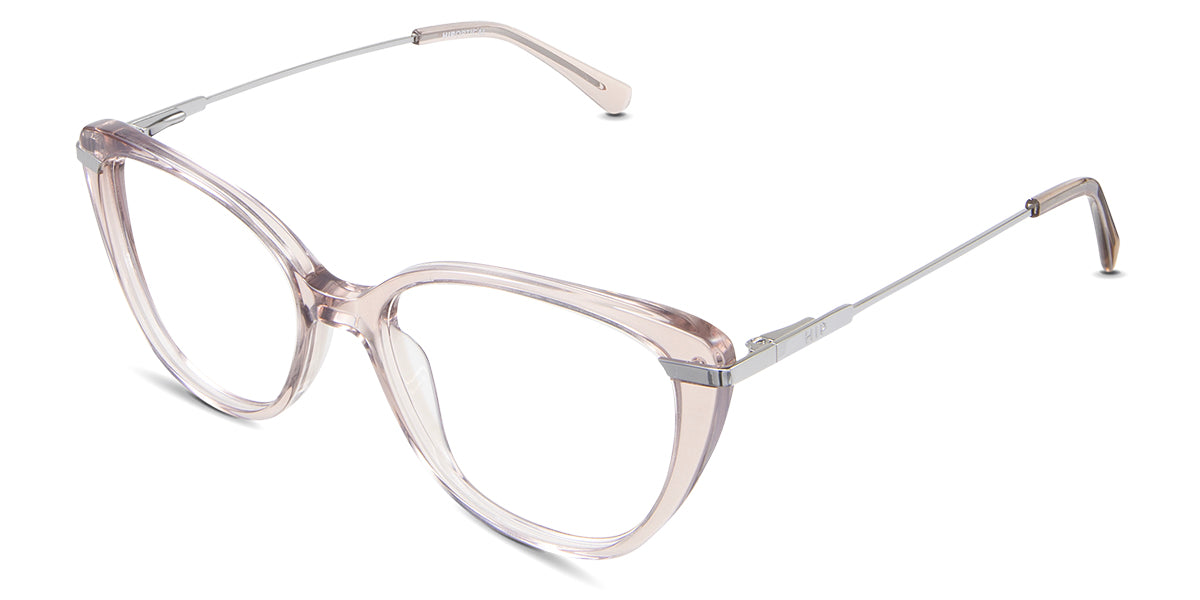 Elora eyeglasses in morganite variant - it has a transparent acetate rim with pink color