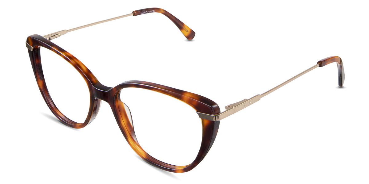 Elora prescription eyeglasses in the sacha variant - it's a full rimmed with a tortoise pattern of brown, golden brown and dark brown