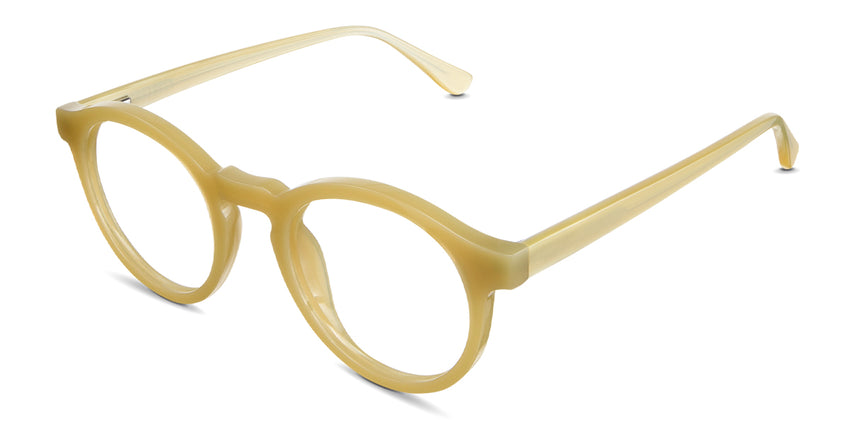 Geo eyeglasses in the canary variant - have a round viewing lens shape with a keyhole shape nose bridge.