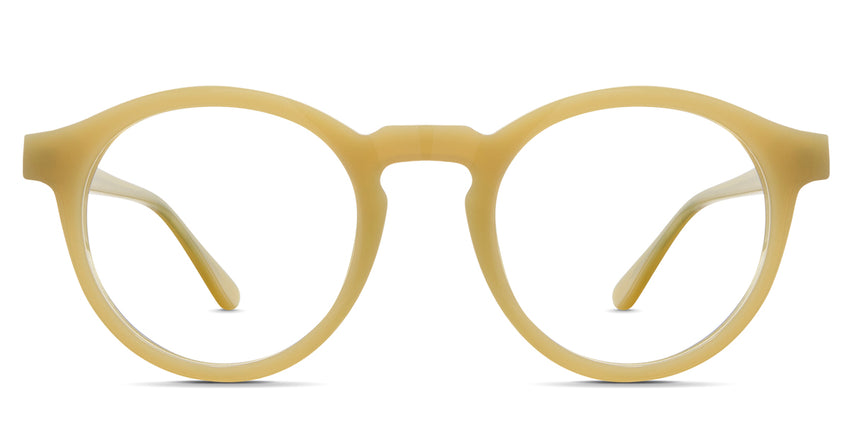 Geo acetate glasses in the canary variant - are a circular frame with an extended square shape end piece.