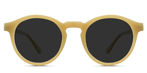 Geo black tinted Standard Solid sunglasses in the canary variant - have a circular frame with an extended square end piece and a round viewing lens shape.