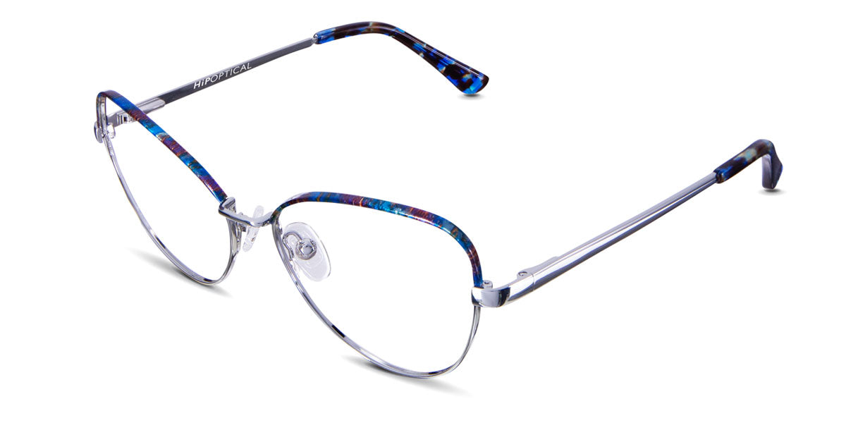 Morris eyeglasses in sequin variant - it's metal frame with blue and brown colour wired frame - low nose bridge with wide viewing area