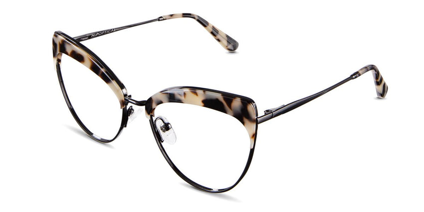 Harkin frame in inner balance variant - it's black cat eye frame with beige and black acetate material on top of the both viewing area
