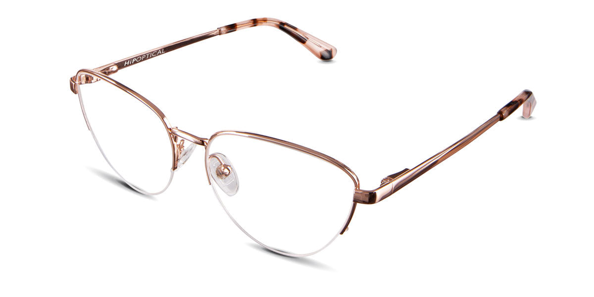 Burke oval shape frame in jaipur variant - it has metal temple arms covered with acetate cover which is pink and brown colour