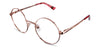 Larsen glasses in cyclamen variant - pink metal frame with low nose bridge and thin temple arms written Hip Optical on right arm eyeglasses