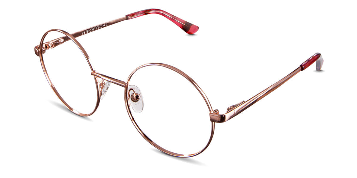 Larsen glasses in cyclamen variant - pink metal frame with low nose bridge and thin temple arms written Hip Optical on right arm eyeglasses