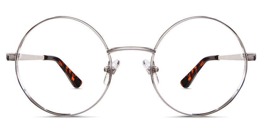 Larsen prescription glasses in rookwood variant - it's round wired frame in silver metal colour - medium size frame with nose pads