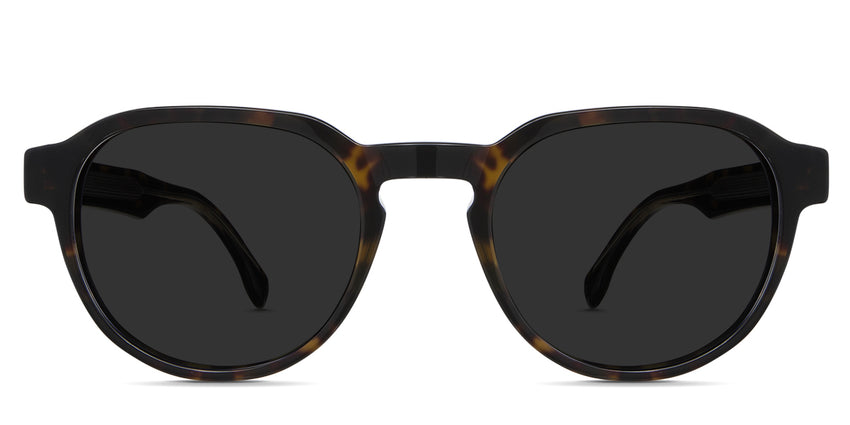 Risto black tinted Standard Solid sunglasses in cayuga variant - it's a round full-rimmed frame with a brushed metal pattern inside the temple arm.